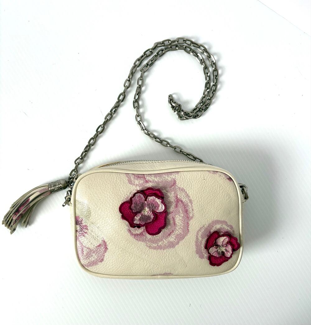 Cole Haan Bag Leather Crossbody Pink White Flowers Chain Strap Zip Pocketbook